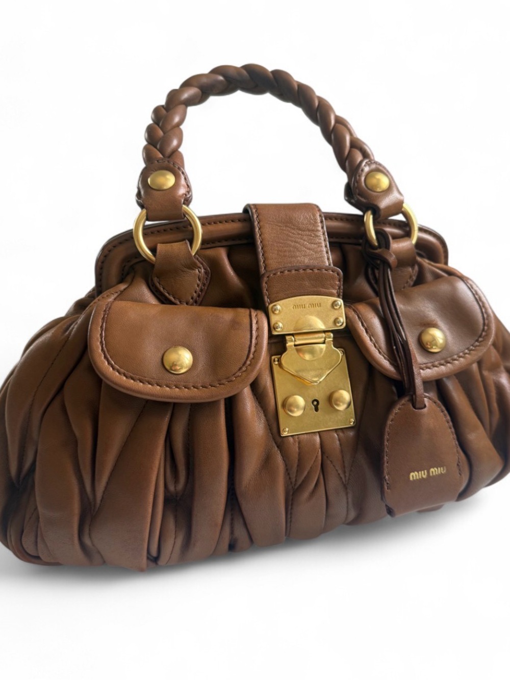 Miu Miu Cognac Brown Ruched Leather Satchel with Braided Handles - Picture 1 of 4